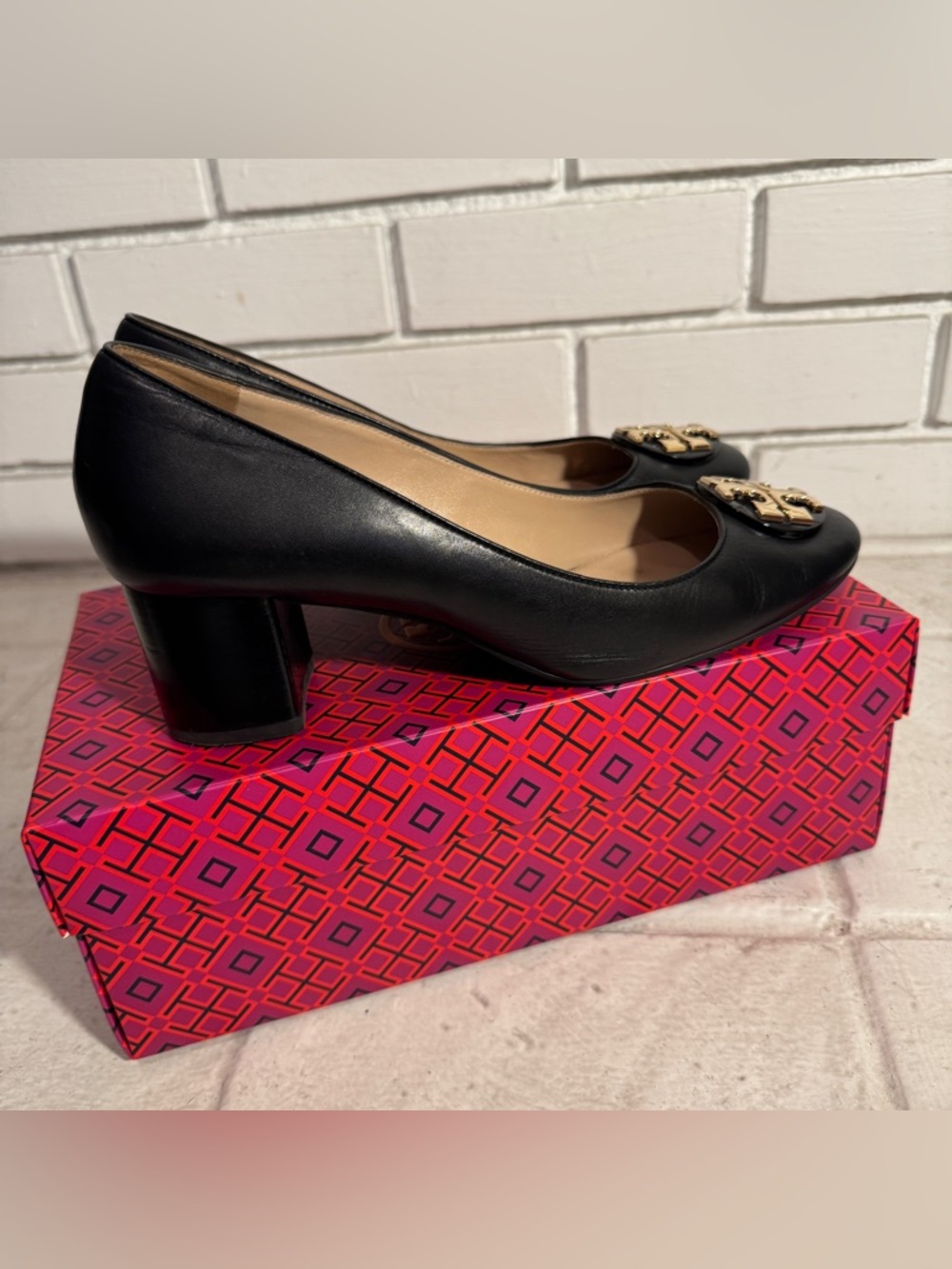 Tory Burch Black Leather Janey 50mm Block Heel Pumps - Size 10 - Picture 2 of 14